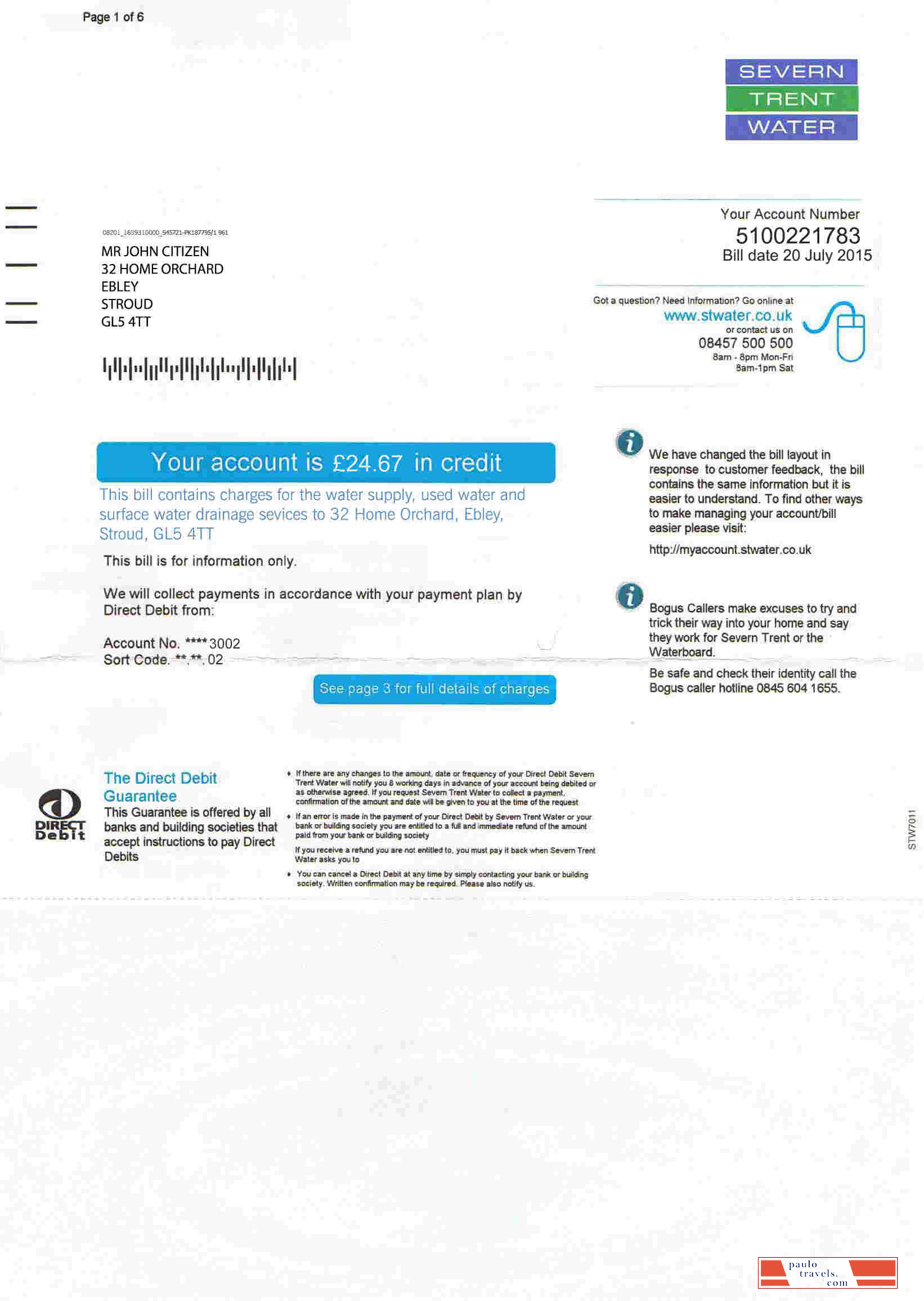 United Kingdom Severn Trent Water utility bill template, fully editable in PSD format